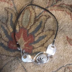 NWT handmade artisan boho necklace in leather and silver 20”